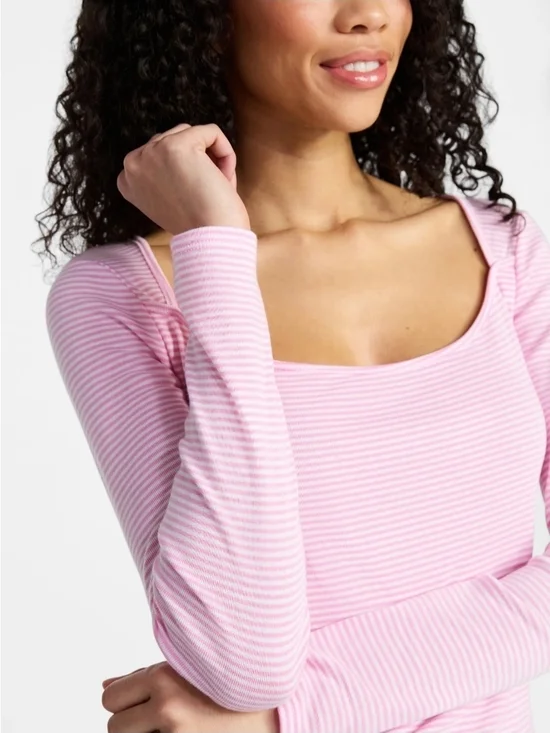 No Boundaries Pink & White Striped Square Neck Long Sleeve Top Juniors XL - Picture 4 of 6